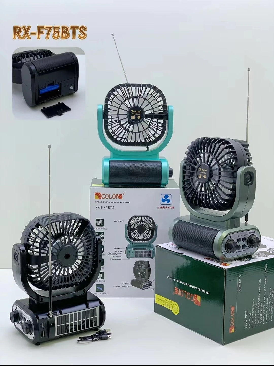 RX-F75BTS 6 pouces ventilateur sans fil Blue tooth haut-parleur extérieur portable antenne radio solaire charge panneau.